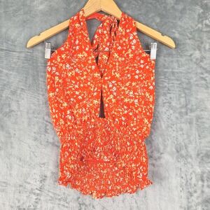 Womens Top Small Red Halter Crop Y2K‎ Floral Smocked Babydoll Open Back Fairy